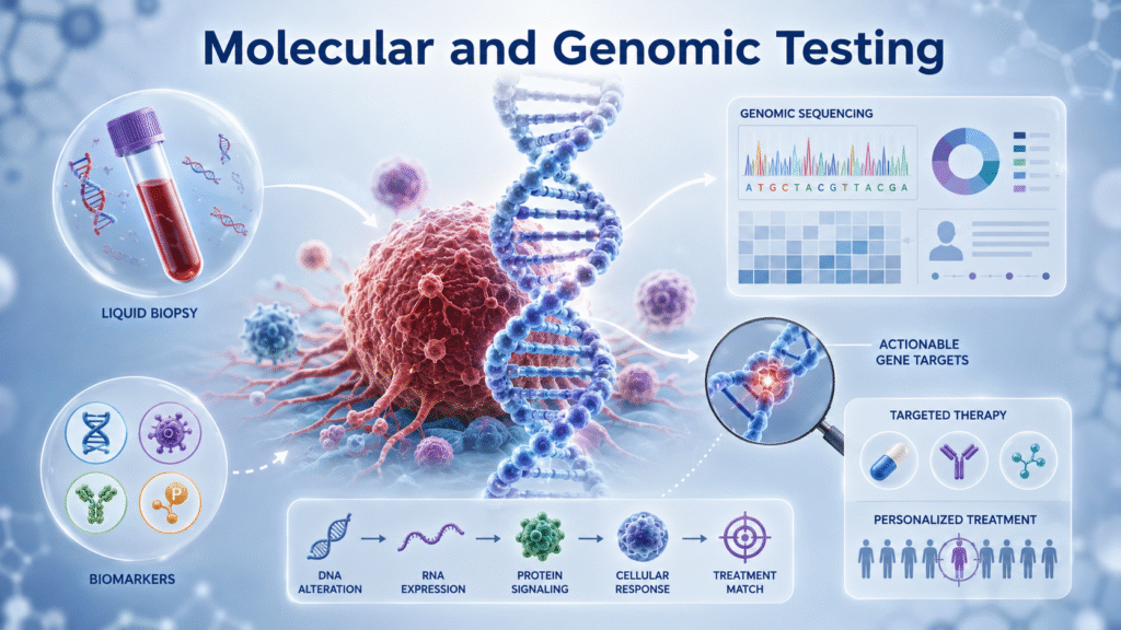 Molecular and genomic testing showing DNA sequencing, liquid biopsy, biomarkers, actionable gene targets, and personalized cancer treatment