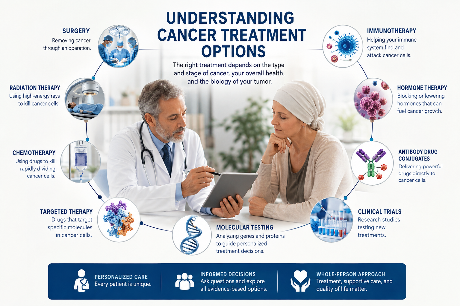 Doctor discussing cancer treatment options with a patient, including surgery, chemotherapy, radiation, immunotherapy, targeted therapy, hormone therapy, molecular testing, and clinical trials.