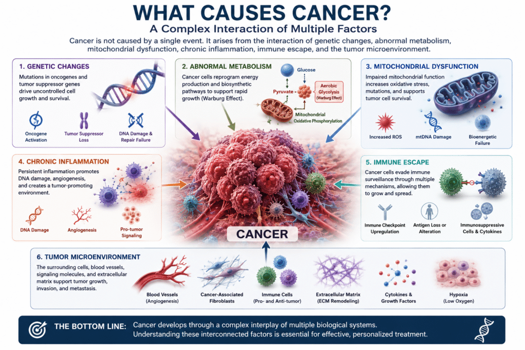What causes cancer? Diagram showing genetics, metabolism, mitochondrial dysfunction, chronic inflammation, immune escape, and the tumor microenvironment.