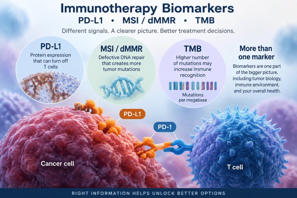 Immunotherapy biomarkers showing PD-L1, MSI and mismatch repair deficiency, and tumor mutational burden as markers used to help predict response to checkpoint inhibitors.