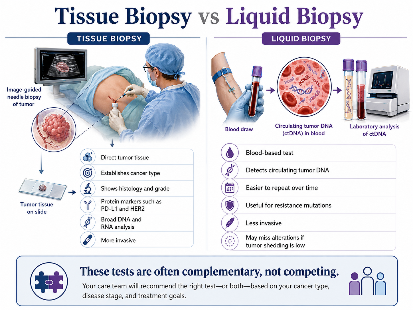 Tissue biopsy versus liquid biopsy infographic comparing tumor tissue sampling with blood based circulating tumor DNA testing in cancer.