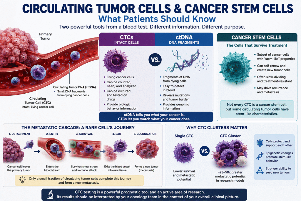 Circulating tumor cells and cancer stem cells infographic comparing intact CTCs with ctDNA fragments and showing CTC clusters, metastasis, and treatment resistant stem-like cancer cells.