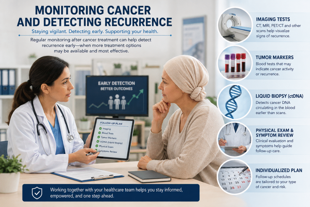 Monitoring cancer reoccurrence with imaging, tumor markers, circulating tumor DNA, and follow-up testing