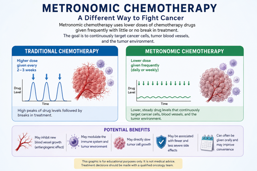 Metronomic chemotherapy infographic comparing frequent low dose chemotherapy with traditional higher dose chemotherapy and showing effects on cancer cells, tumor blood vessels, and the tumor microenvironment.