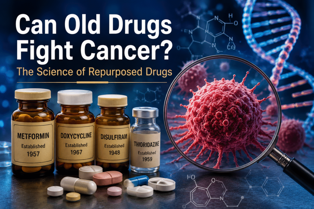 Repurposed drugs being studied for cancer treatment, including metformin, doxycycline and disulfiram, shown beside a cancer cell and DNA.