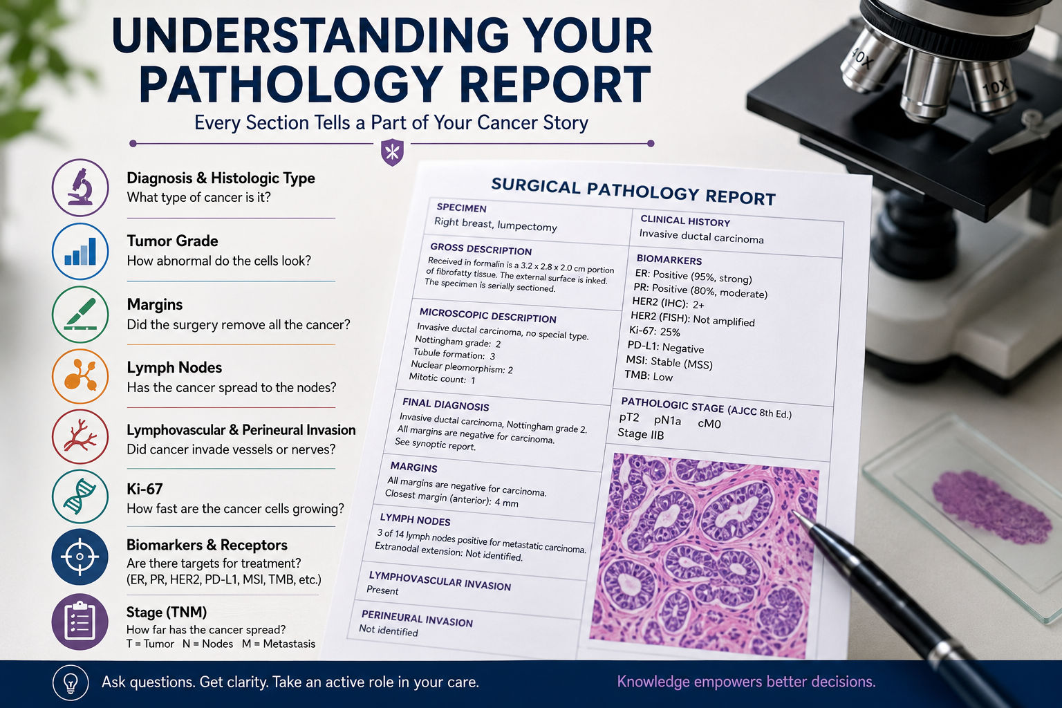 Understanding your pathology report showing tumor type, grade, surgical margins, lymph nodes, Ki-67, biomarkers, and TNM cancer staging.