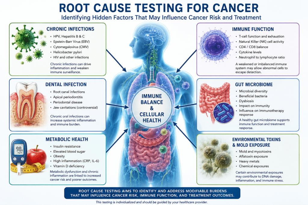Root cause testing for cancer showing chronic infections, immune function, dental infection, gut microbiome, metabolic health, and environmental exposures.