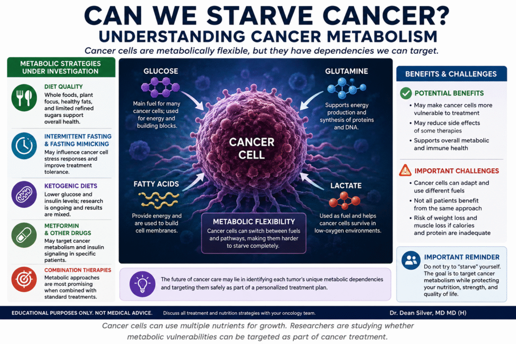 Can We Starve Cancer infographic explaining cancer metabolism and how cancer cells use glucose, glutamine, fatty acids, and lactate.