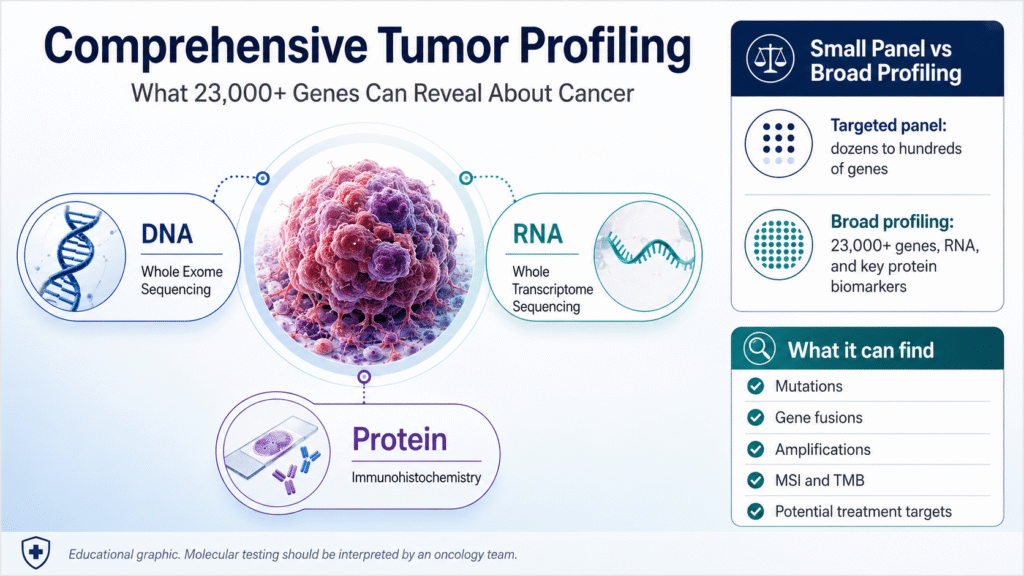 Comprehensive tumor profiling infographic showing DNA whole exome sequencing, RNA whole transcriptome sequencing, protein testing, and potential cancer biomarkers and treatment targets.