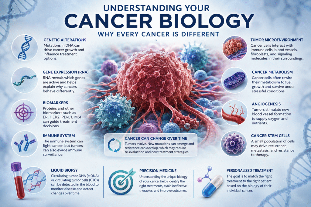 Cancer cell biology showing DNA mutations, molecular pathways and immune interactions